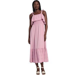 Guess Dusty Phard Sabrina Eyelet Maxi Dress Size L Adj Tie Straps Smocked Waist